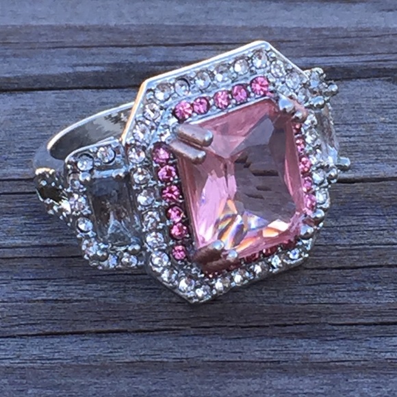 Pink and White Sapphire Large S925 Silver Ring - Picture 2 of 8